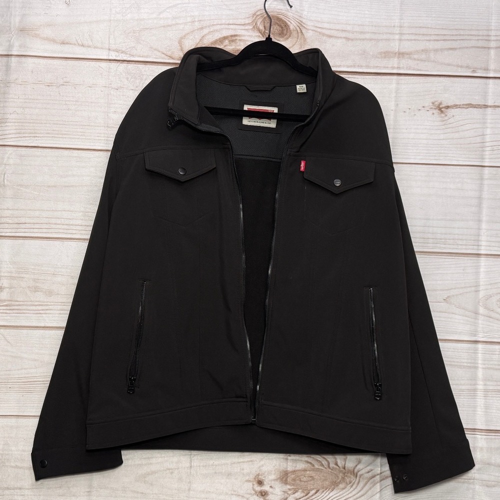 Levis‎ Mens Black Softshell Trucker Jacket Full Zip Stand Collar Size XL EG